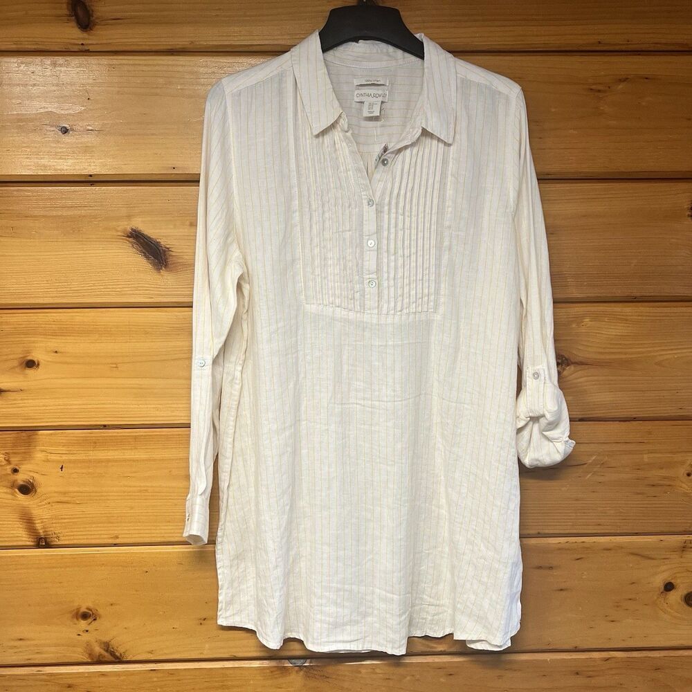 Cynthia Rowley Tunic XL 100%Linen Off White Yellow Stripe Pleat Button Shirt Top